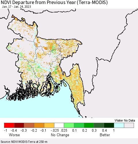 Bangladesh NDVI Departure from Previous Year (Terra-MODIS) Thematic Map For 1/17/2023 - 1/24/2023
