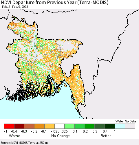 Bangladesh NDVI Departure from Previous Year (Terra-MODIS) Thematic Map For 2/2/2023 - 2/9/2023