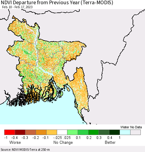 Bangladesh NDVI Departure from Previous Year (Terra-MODIS) Thematic Map For 2/10/2023 - 2/17/2023