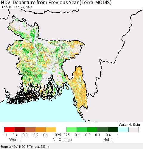Bangladesh NDVI Departure from Previous Year (Terra-MODIS) Thematic Map For 2/18/2023 - 2/25/2023