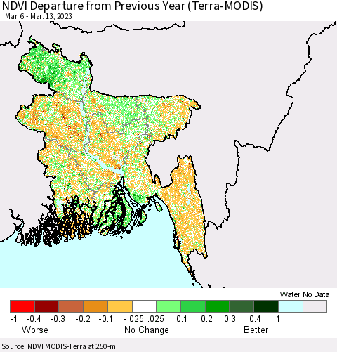 Bangladesh NDVI Departure from Previous Year (Terra-MODIS) Thematic Map For 3/6/2023 - 3/13/2023