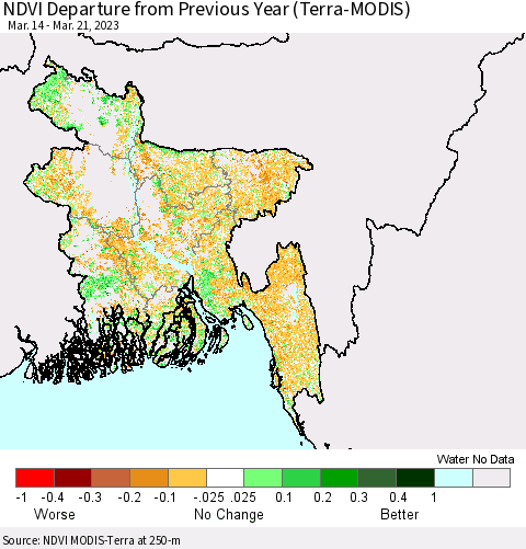 Bangladesh NDVI Departure from Previous Year (Terra-MODIS) Thematic Map For 3/14/2023 - 3/21/2023