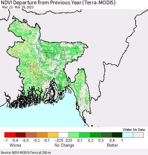 Bangladesh NDVI Departure from Previous Year (Terra-MODIS) Thematic Map For 3/22/2023 - 3/29/2023