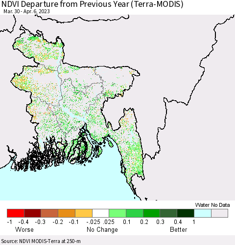 Bangladesh NDVI Departure from Previous Year (Terra-MODIS) Thematic Map For 3/30/2023 - 4/6/2023