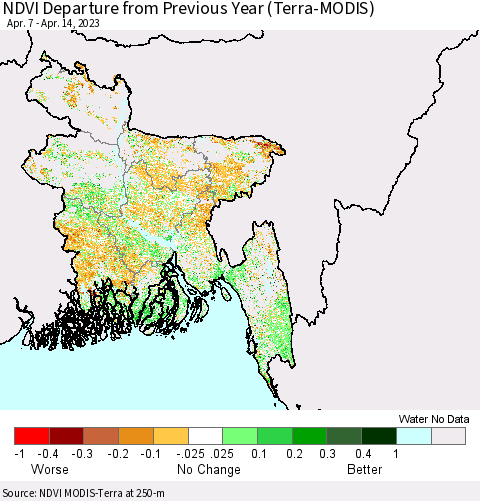 Bangladesh NDVI Departure from Previous Year (Terra-MODIS) Thematic Map For 4/7/2023 - 4/14/2023