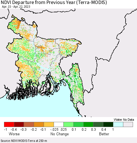 Bangladesh NDVI Departure from Previous Year (Terra-MODIS) Thematic Map For 4/15/2023 - 4/22/2023