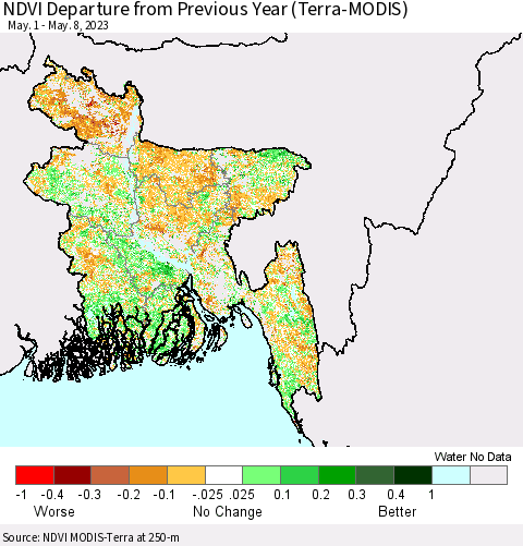 Bangladesh NDVI Departure from Previous Year (Terra-MODIS) Thematic Map For 5/1/2023 - 5/8/2023