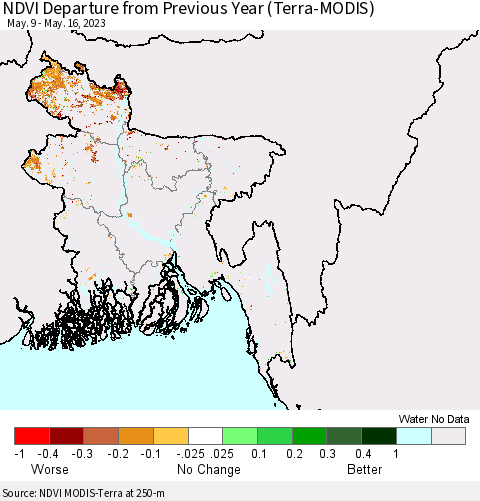 Bangladesh NDVI Departure from Previous Year (Terra-MODIS) Thematic Map For 5/9/2023 - 5/16/2023