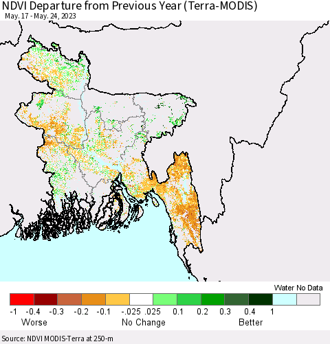 Bangladesh NDVI Departure from Previous Year (Terra-MODIS) Thematic Map For 5/17/2023 - 5/24/2023