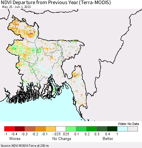 Bangladesh NDVI Departure from Previous Year (Terra-MODIS) Thematic Map For 5/25/2023 - 6/1/2023
