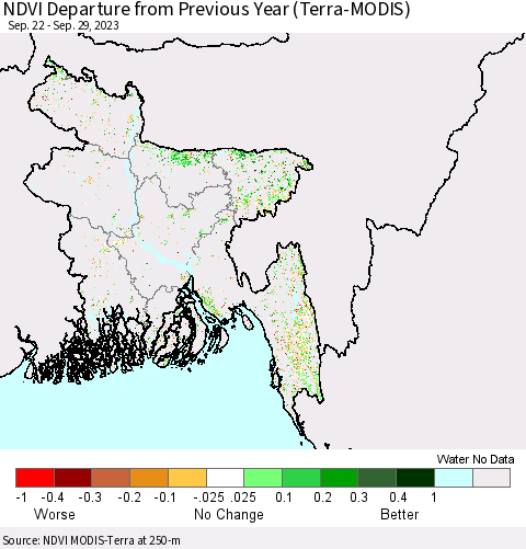 Bangladesh NDVI Departure from Previous Year (Terra-MODIS) Thematic Map For 9/22/2023 - 9/29/2023
