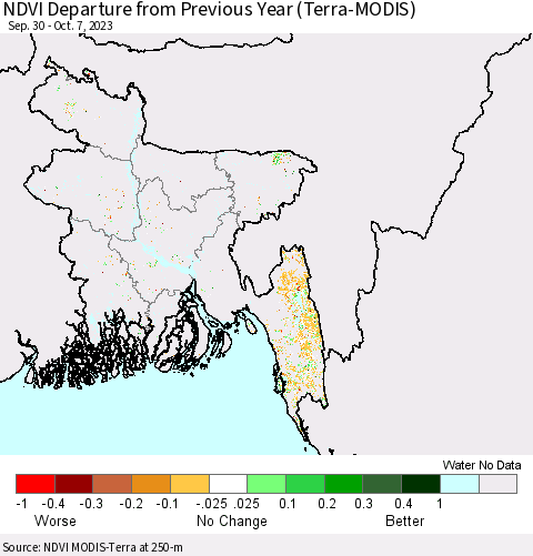Bangladesh NDVI Departure from Previous Year (Terra-MODIS) Thematic Map For 9/30/2023 - 10/7/2023