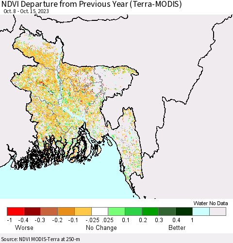 Bangladesh NDVI Departure from Previous Year (Terra-MODIS) Thematic Map For 10/8/2023 - 10/15/2023
