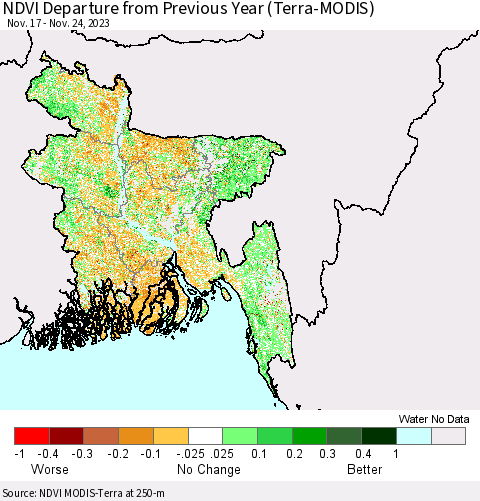 Bangladesh NDVI Departure from Previous Year (Terra-MODIS) Thematic Map For 11/17/2023 - 11/24/2023