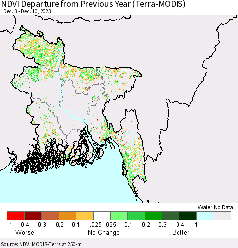 Bangladesh NDVI Departure from Previous Year (Terra-MODIS) Thematic Map For 12/3/2023 - 12/10/2023