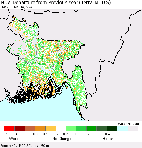 Bangladesh NDVI Departure from Previous Year (Terra-MODIS) Thematic Map For 12/11/2023 - 12/18/2023