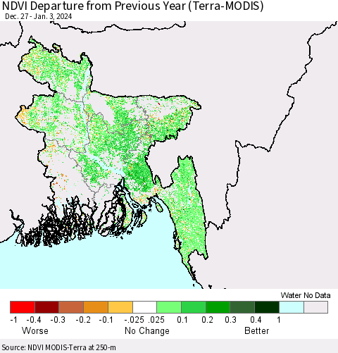 Bangladesh NDVI Departure from Previous Year (Terra-MODIS) Thematic Map For 12/27/2023 - 1/3/2024