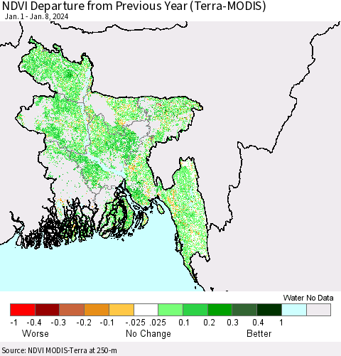 Bangladesh NDVI Departure from Previous Year (Terra-MODIS) Thematic Map For 1/1/2024 - 1/8/2024