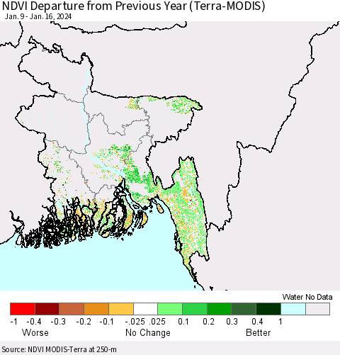 Bangladesh NDVI Departure from Previous Year (Terra-MODIS) Thematic Map For 1/9/2024 - 1/16/2024