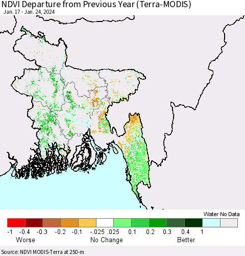 Bangladesh NDVI Departure from Previous Year (Terra-MODIS) Thematic Map For 1/17/2024 - 1/24/2024