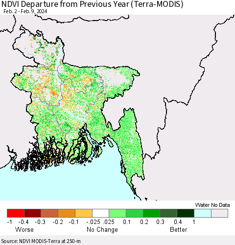 Bangladesh NDVI Departure from Previous Year (Terra-MODIS) Thematic Map For 2/2/2024 - 2/9/2024