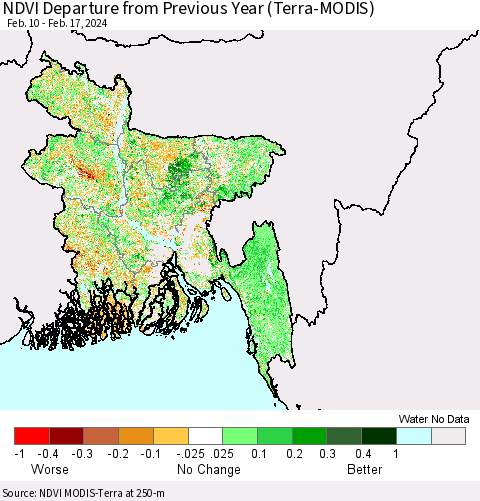Bangladesh NDVI Departure from Previous Year (Terra-MODIS) Thematic Map For 2/10/2024 - 2/17/2024