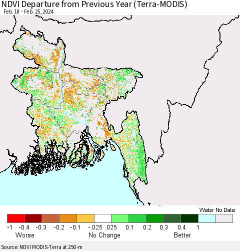 Bangladesh NDVI Departure from Previous Year (Terra-MODIS) Thematic Map For 2/18/2024 - 2/25/2024