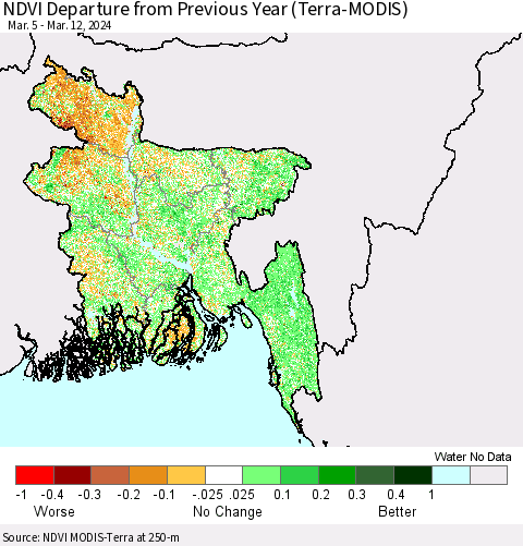 Bangladesh NDVI Departure from Previous Year (Terra-MODIS) Thematic Map For 3/5/2024 - 3/12/2024