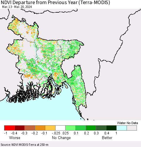 Bangladesh NDVI Departure from Previous Year (Terra-MODIS) Thematic Map For 3/13/2024 - 3/20/2024