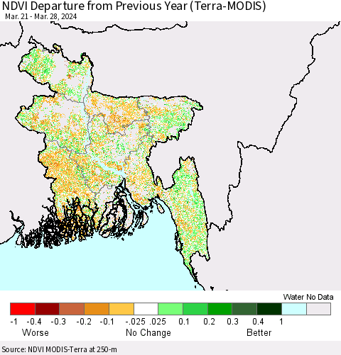 Bangladesh NDVI Departure from Previous Year (Terra-MODIS) Thematic Map For 3/21/2024 - 3/28/2024