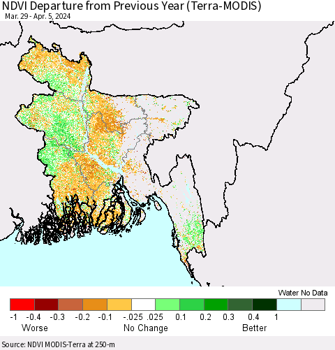 Bangladesh NDVI Departure from Previous Year (Terra-MODIS) Thematic Map For 3/29/2024 - 4/5/2024