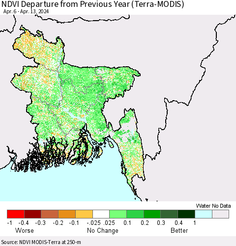 Bangladesh NDVI Departure from Previous Year (Terra-MODIS) Thematic Map For 4/6/2024 - 4/13/2024