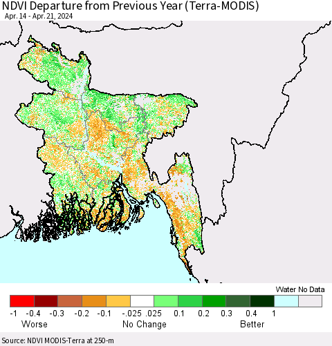 Bangladesh NDVI Departure from Previous Year (Terra-MODIS) Thematic Map For 4/14/2024 - 4/21/2024