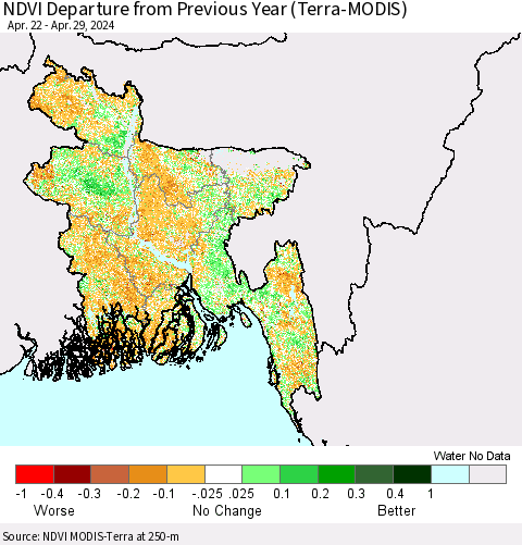 Bangladesh NDVI Departure from Previous Year (Terra-MODIS) Thematic Map For 4/22/2024 - 4/29/2024