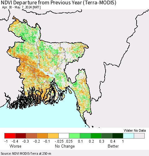Bangladesh NDVI Departure from Previous Year (Terra-MODIS) Thematic Map For 4/30/2024 - 5/7/2024
