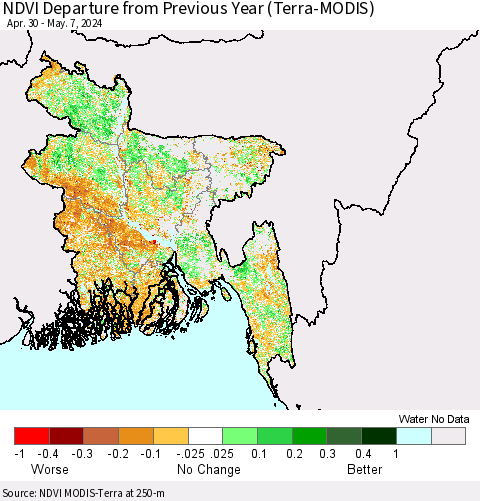 Bangladesh NDVI Departure from Previous Year (Terra-MODIS) Thematic Map For 4/30/2024 - 5/7/2024