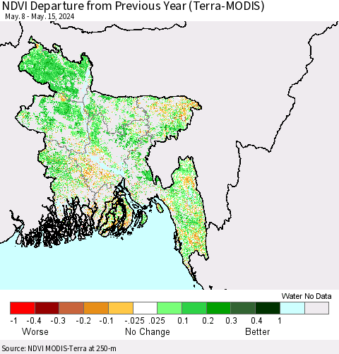 Bangladesh NDVI Departure from Previous Year (Terra-MODIS) Thematic Map For 5/8/2024 - 5/15/2024