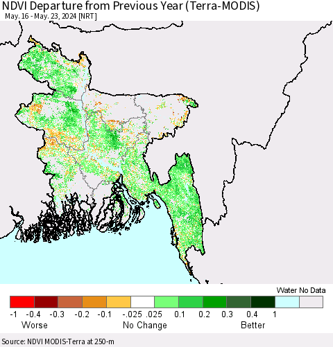 Bangladesh NDVI Departure from Previous Year (Terra-MODIS) Thematic Map For 5/16/2024 - 5/23/2024