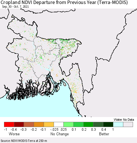 Bangladesh Cropland NDVI Departure from Previous Year (Terra-MODIS) Thematic Map For 9/30/2021 - 10/7/2021