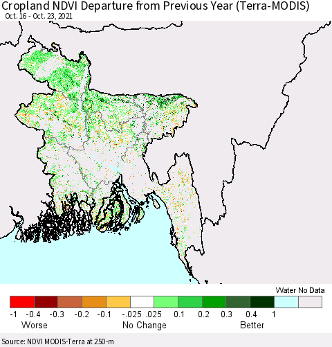 Bangladesh Cropland NDVI Departure from Previous Year (Terra-MODIS) Thematic Map For 10/16/2021 - 10/23/2021
