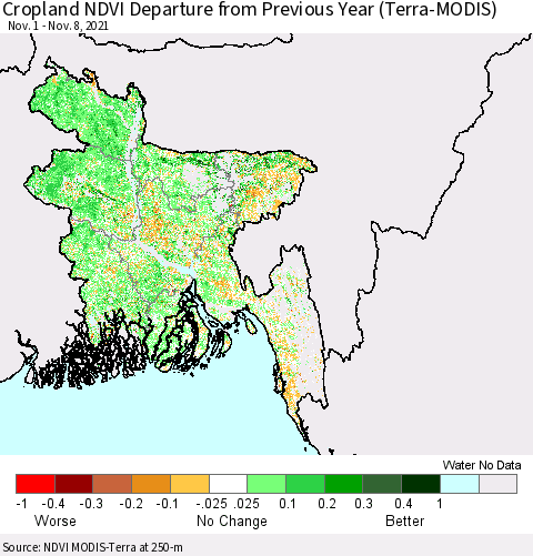 Bangladesh Cropland NDVI Departure from Previous Year (Terra-MODIS) Thematic Map For 11/1/2021 - 11/8/2021