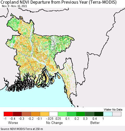 Bangladesh Cropland NDVI Departure from Previous Year (Terra-MODIS) Thematic Map For 11/9/2021 - 11/16/2021