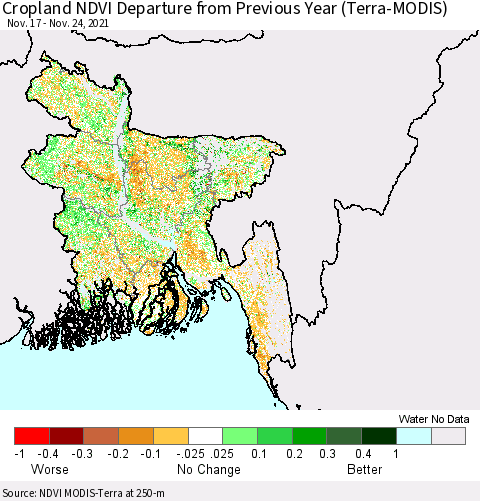 Bangladesh Cropland NDVI Departure from Previous Year (Terra-MODIS) Thematic Map For 11/17/2021 - 11/24/2021