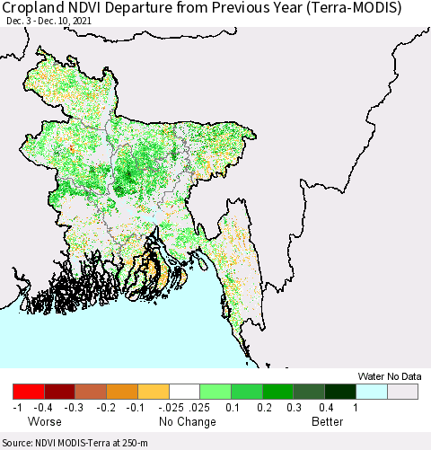 Bangladesh Cropland NDVI Departure from Previous Year (Terra-MODIS) Thematic Map For 12/3/2021 - 12/10/2021