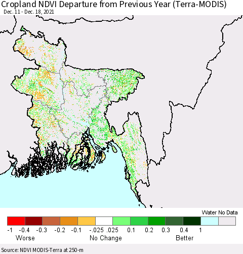 Bangladesh Cropland NDVI Departure from Previous Year (Terra-MODIS) Thematic Map For 12/11/2021 - 12/18/2021