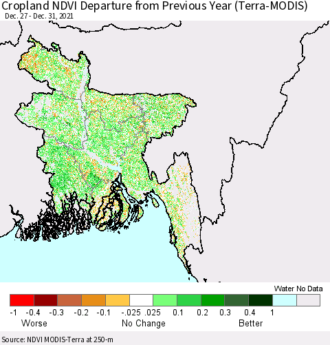 Bangladesh Cropland NDVI Departure from Previous Year (Terra-MODIS) Thematic Map For 12/26/2021 - 1/2/2022