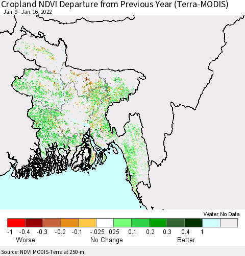 Bangladesh Cropland NDVI Departure from Previous Year (Terra-MODIS) Thematic Map For 1/9/2022 - 1/16/2022