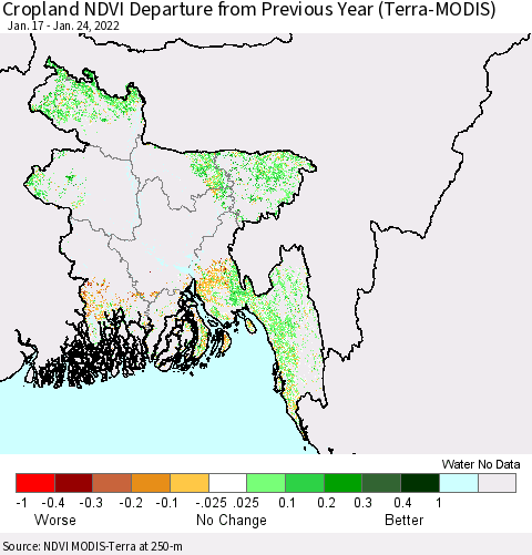 Bangladesh Cropland NDVI Departure from Previous Year (Terra-MODIS) Thematic Map For 1/17/2022 - 1/24/2022