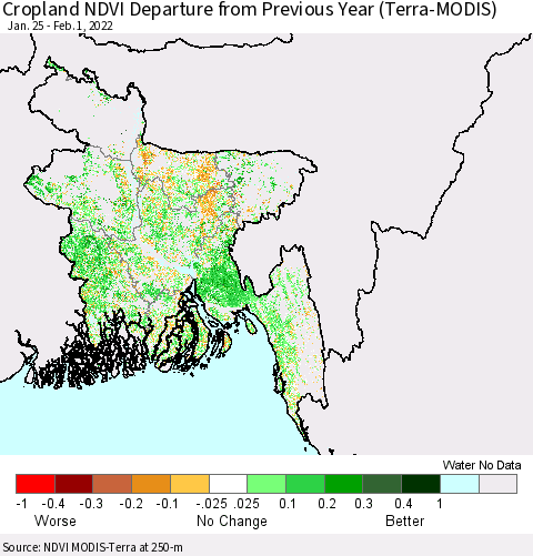 Bangladesh Cropland NDVI Departure from Previous Year (Terra-MODIS) Thematic Map For 1/25/2022 - 2/1/2022