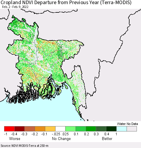 Bangladesh Cropland NDVI Departure from Previous Year (Terra-MODIS) Thematic Map For 2/2/2022 - 2/9/2022